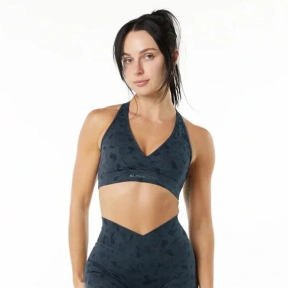 Alphalete | Surface Faux Wrap Athletic Sports Bra in Pebble Print Black Small - Picture 1 of 6